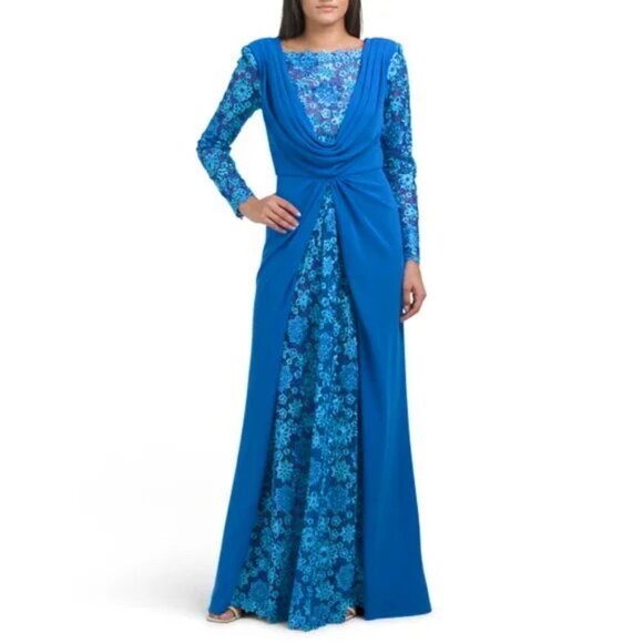 Tadashi Shoji Blue Gaze Emroidered Lace Long Sleeve Crepe Gown - Picture 1 of 2